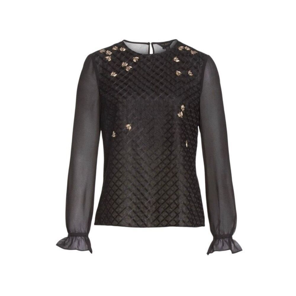 TED BAKER Queen Bee embellished jacquard ruffle flute sleeve blouse top Size 4